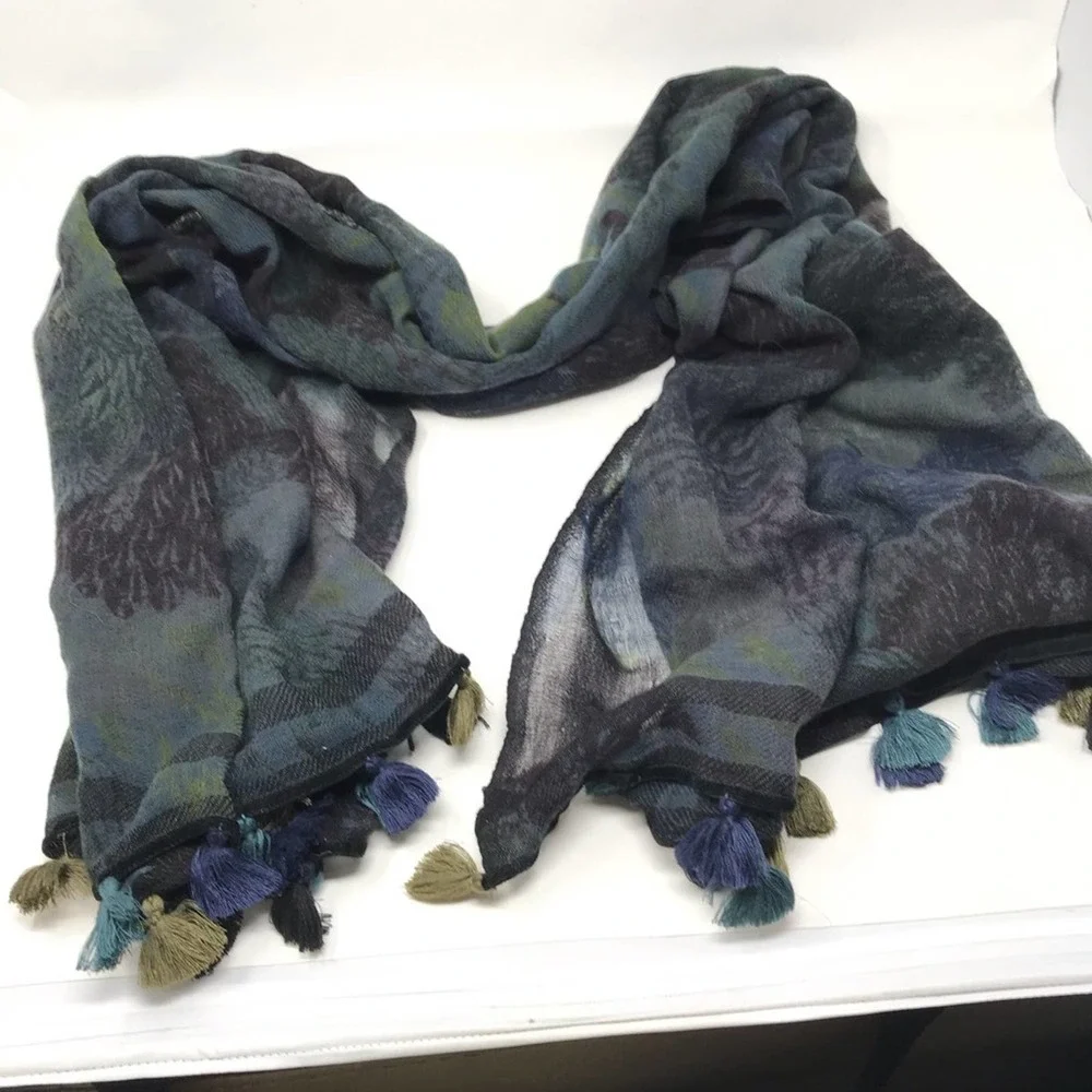 Amet & Ladour Scarf Sheer Green Black Print - Picture 3 of 8